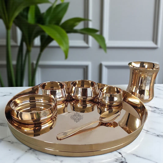 Handcrafted Pure Bronze Curve Shaped 7 Pieces Dinner Set | Thali Set with  Mirror Shine Finish