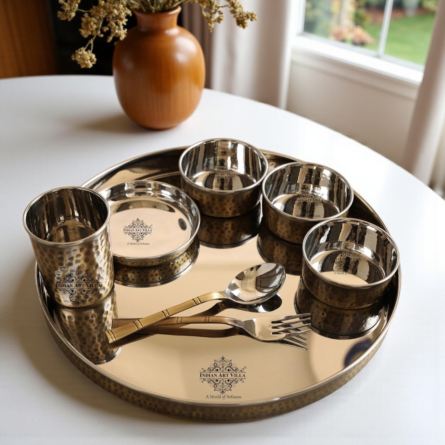 Steel Brass Hammered Design Thali Set/ Dinner Set, Antique finish, 33cm 8 Piece set