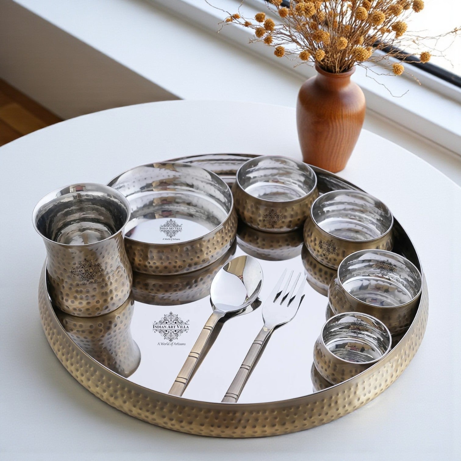 Steel Brass Curve Thali Set 9 Piece, Hammered Antique Finish Design Dinner Set
