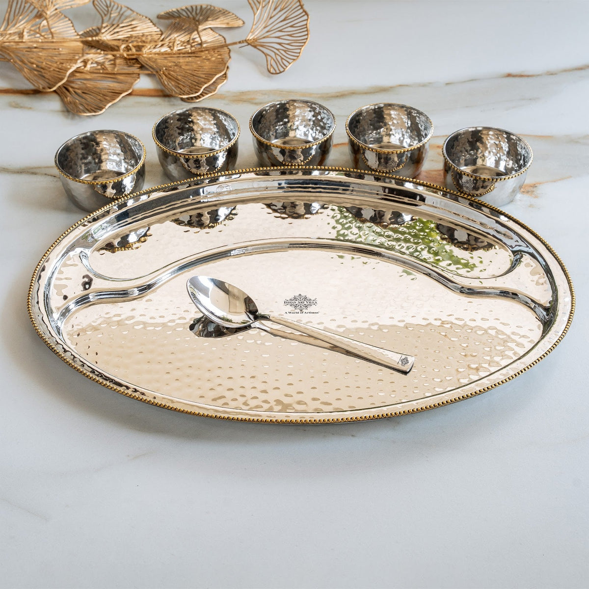 Stainless Steel Oval Thali Plate Set with 5 Bowls & Spoon