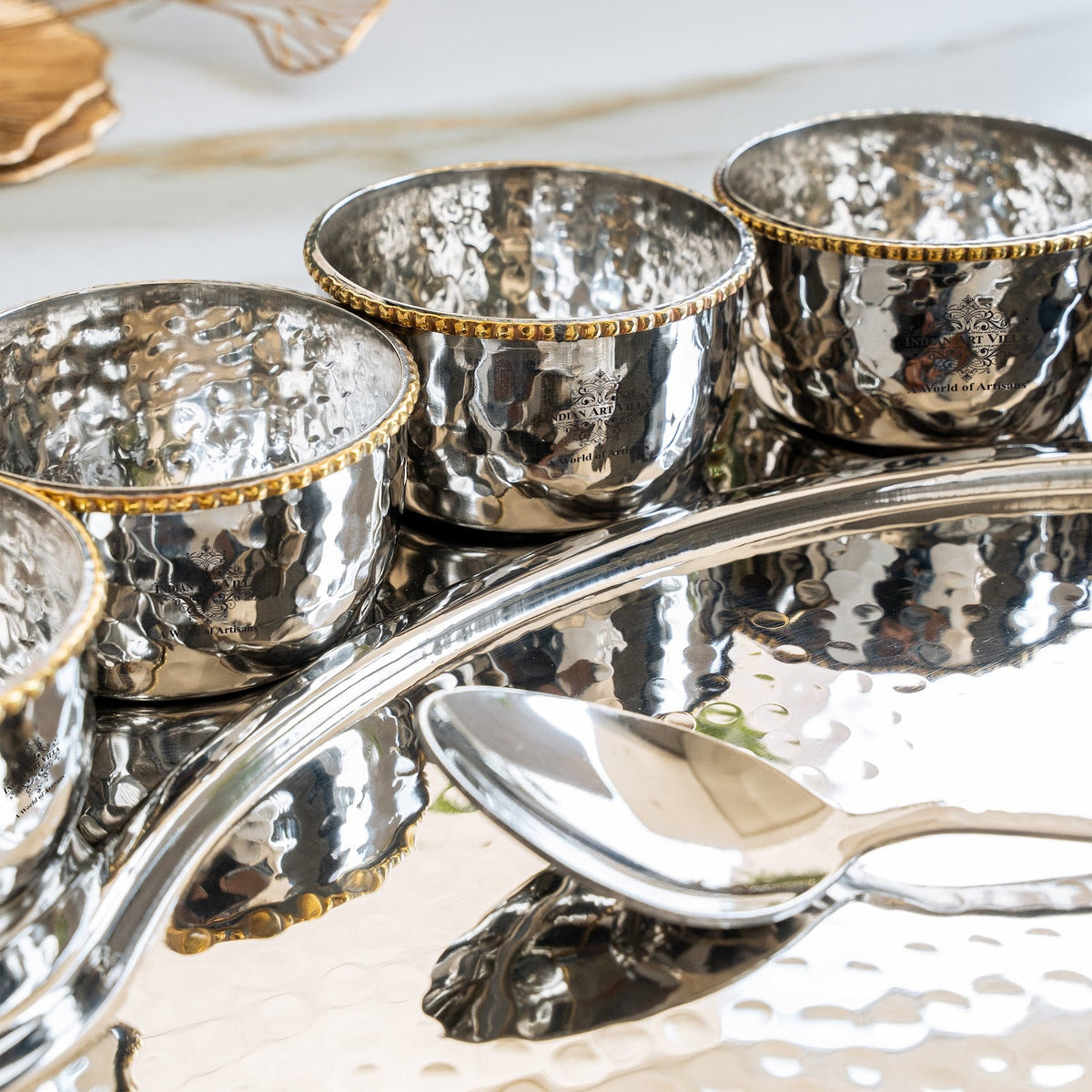 Stainless Steel Oval Thali Plate Set with 5 Bowls & Spoon