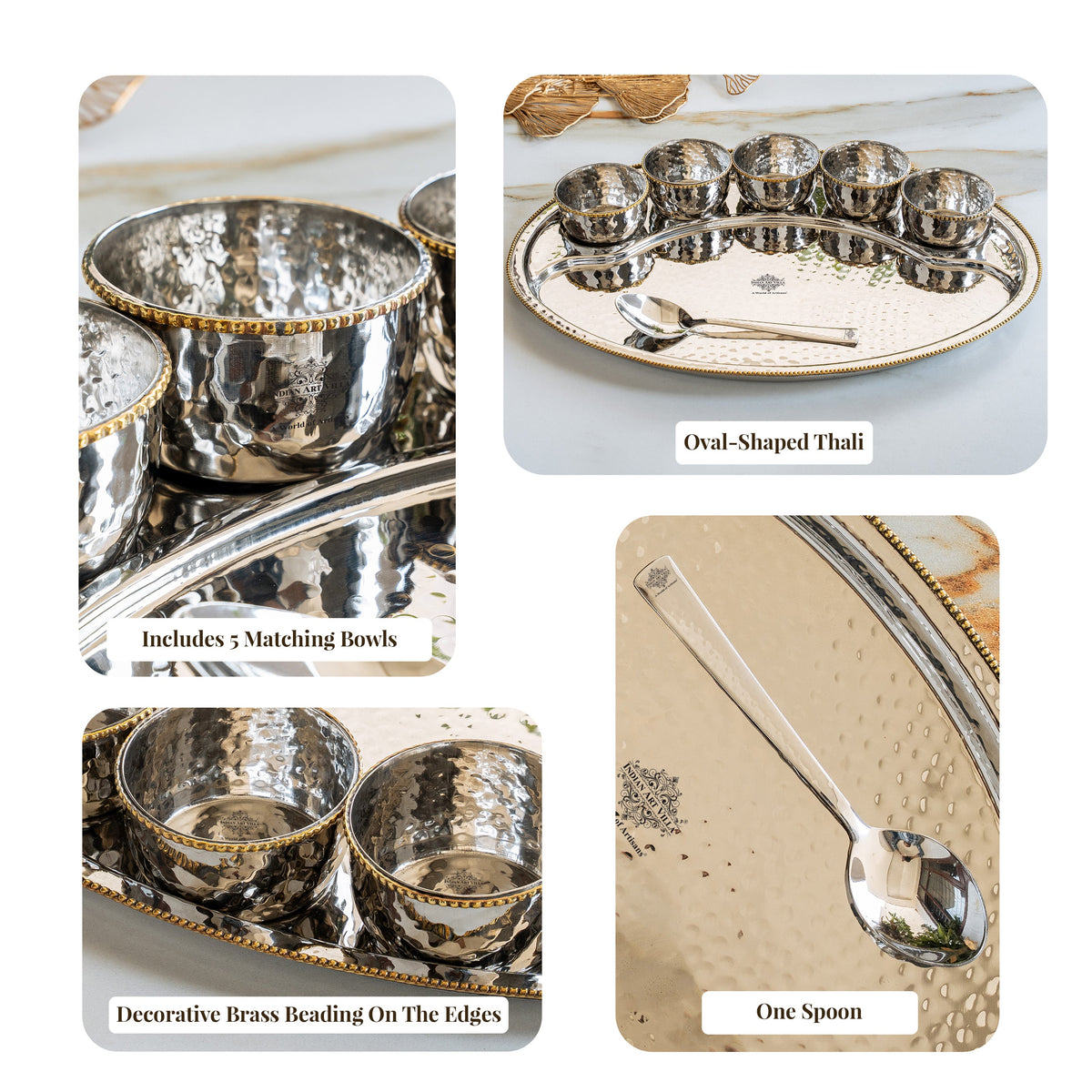 Stainless Steel Oval Thali Plate Set with 5 Bowls & Spoon