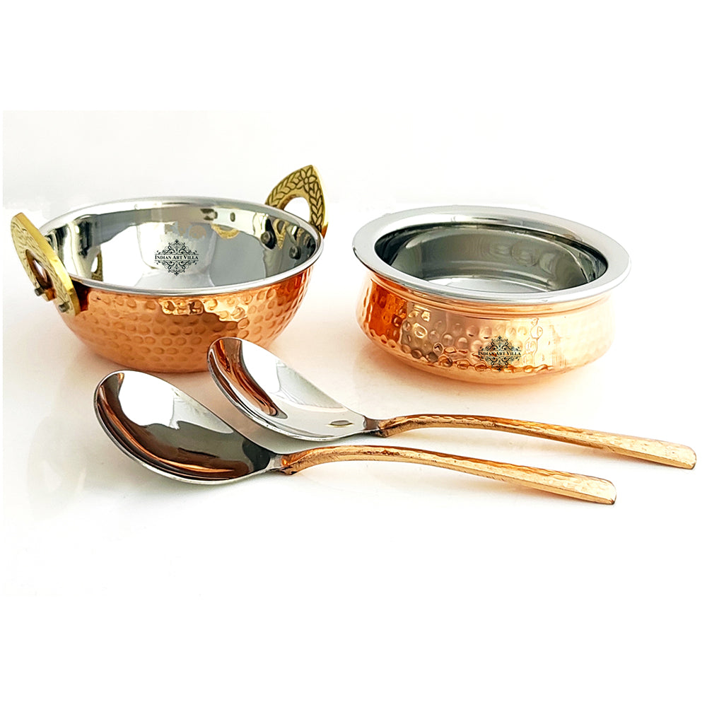 Steel Copper Hammered Handi, Kadhai And Spoon Set