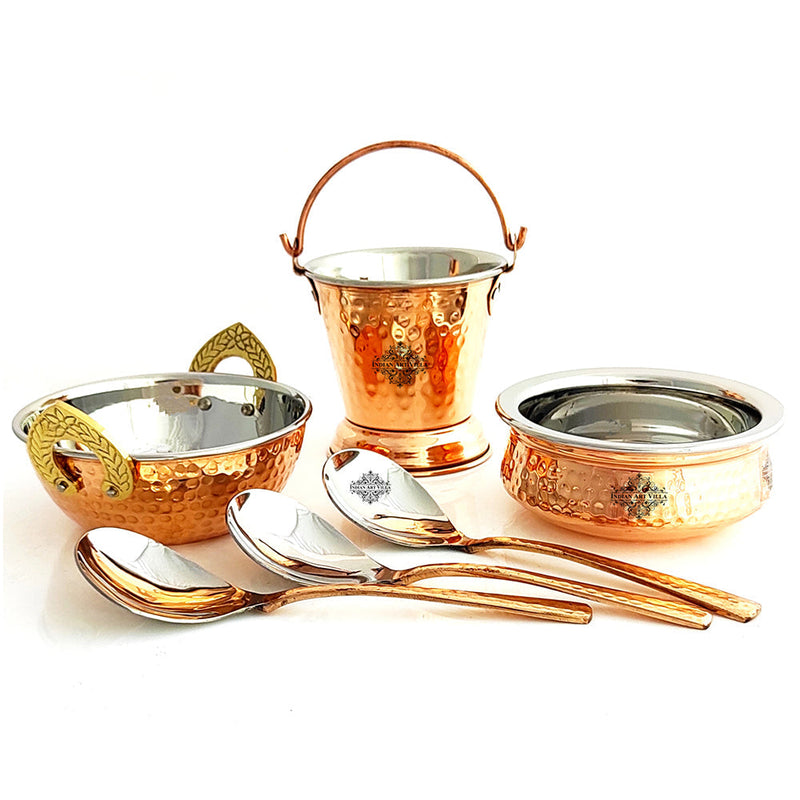 Set of S/C D/W Hammered Handi No.2,Kadhai No.2,Bucket No.1,Serving Spoon x3,6 Pieces