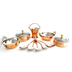 Set of S/C D/W Hammered,Handi No.1,2 with Glass Lid,Kadhai No.1,2Bucket No.1,Serving Spoon x5,12 Pieces
