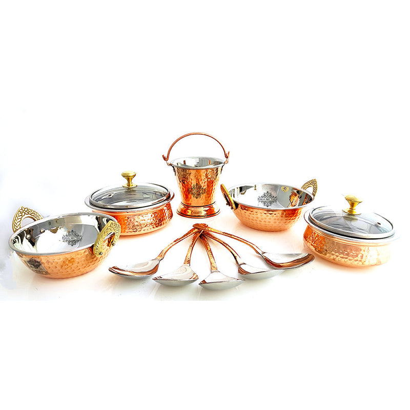Set of S/C D/W Hammered,Handi No.1,2 with Glass Lid,Kadhai No.1,2Bucket No.1,Serving Spoon x5,12 Pieces