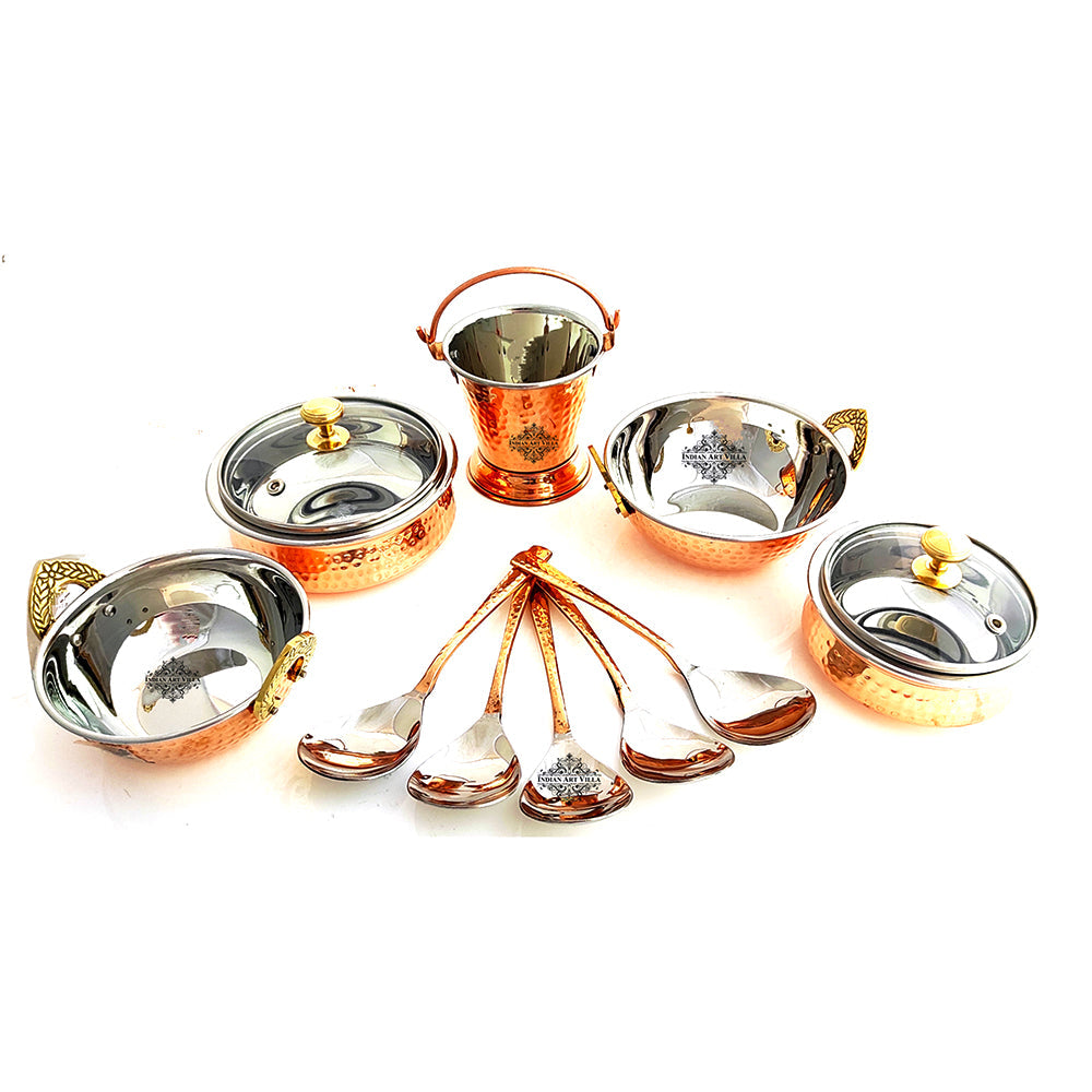 Set of S/C D/W Hammered,Handi No.1,2 with Glass Lid,Kadhai No.1,2Bucket No.1,Serving Spoon x5,12 Pieces