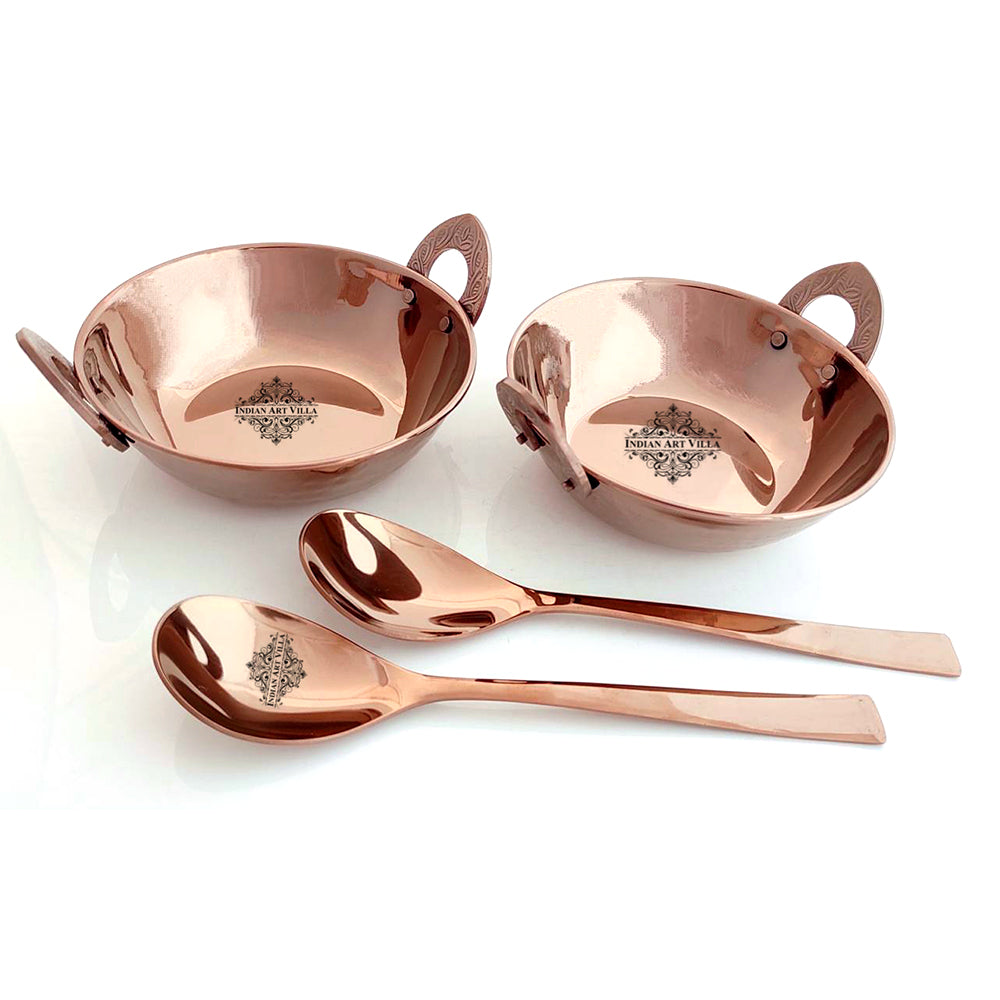 Steel Serving Set with Rose Gold Finish D/W Hammered Kadhai, Serving Spoon x2, 4 Pieces