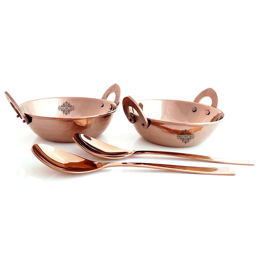Steel Serving Set with Rose Gold Finish D/W Hammered Kadhai, Serving Spoon x2, 4 Pieces