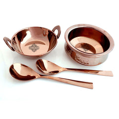 Set of Steel with Rose Gold Finish D/W Hammered Handi No.2, Kadhai No.2, Serving Spoon x2, 4 Pieces