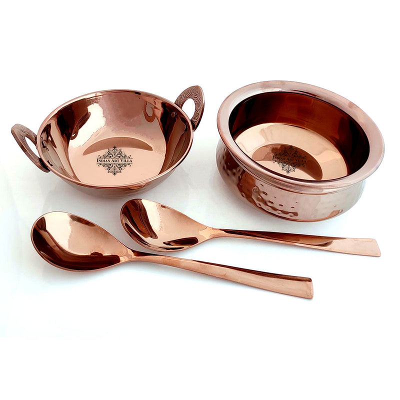 Set of Steel with Rose Gold Finish D/W Hammered Handi No.2, Kadhai No.2, Serving Spoon x2, 4 Pieces