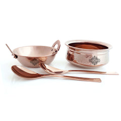 Set of Steel with Rose Gold Finish D/W Hammered Handi No.2, Kadhai No.2, Serving Spoon x2, 4 Pieces
