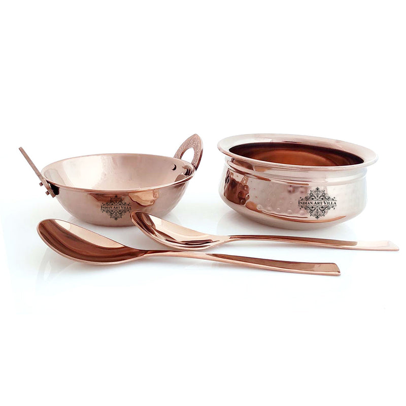 Set of Steel with Rose Gold Finish D/W Hammered Handi No.2, Kadhai No.2, Serving Spoon x2, 4 Pieces