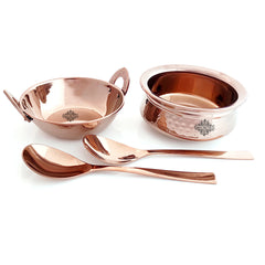 Set of Steel with Rose Gold Finish D/W Hammered Handi No.2, Kadhai No.2, Serving Spoon x2, 4 Pieces