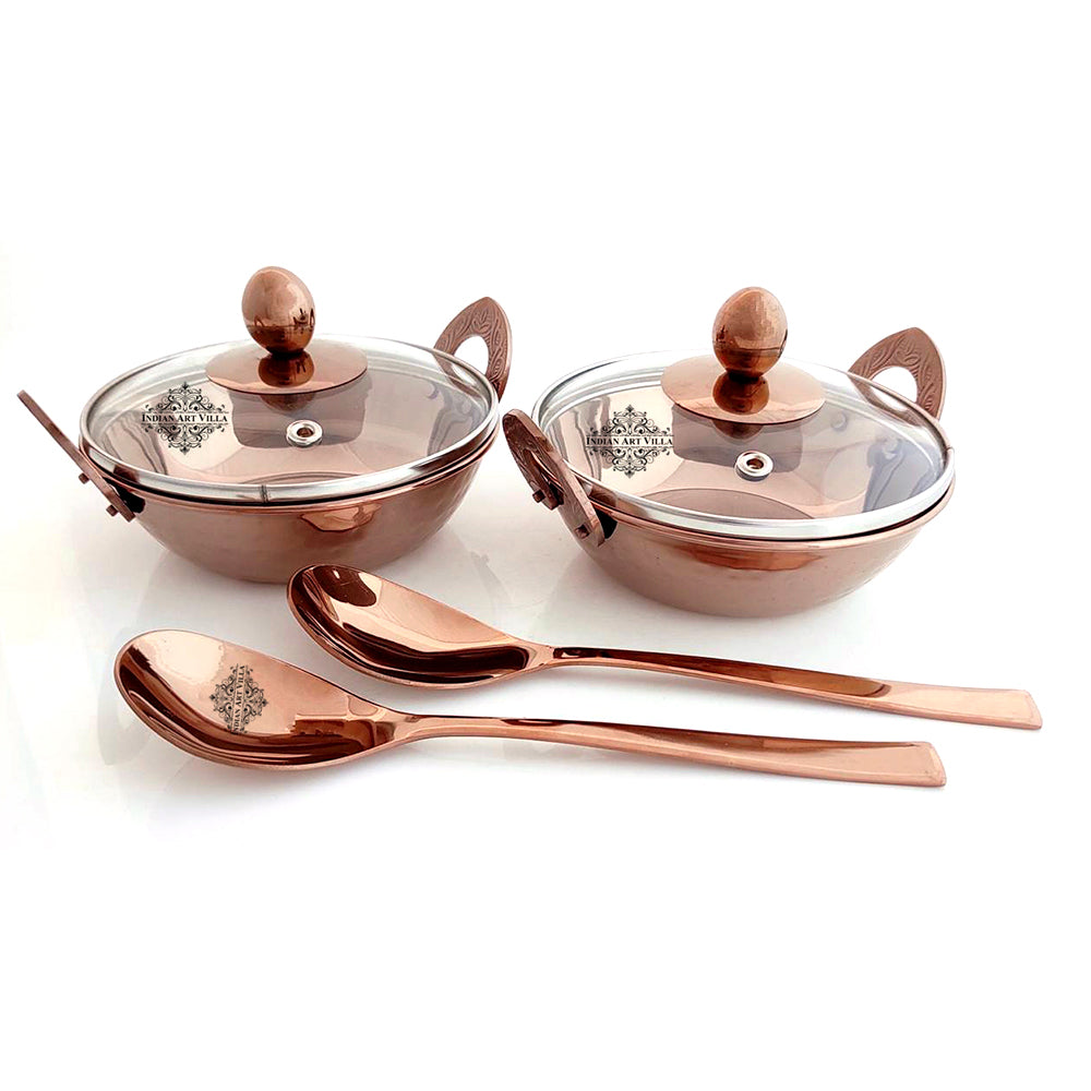 Set of Steel with Rose Gold Finish D/W Hammered Handi No.2, Kadhai No.2, Serving Spoon x2, 4 Pieces