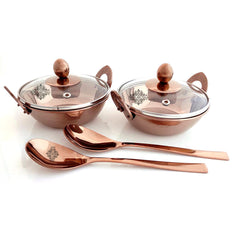 Set of Steel with Rose Gold Finish D/W Hammered Handi No.2, Kadhai No.2, Serving Spoon x2, 4 Pieces