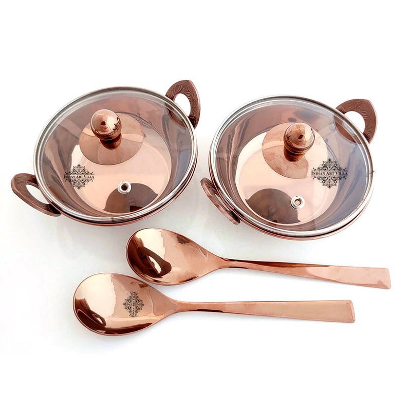 Set of Steel with Rose Gold Finish D/W Hammered Handi No.2, Kadhai No.2, Serving Spoon x2, 4 Pieces