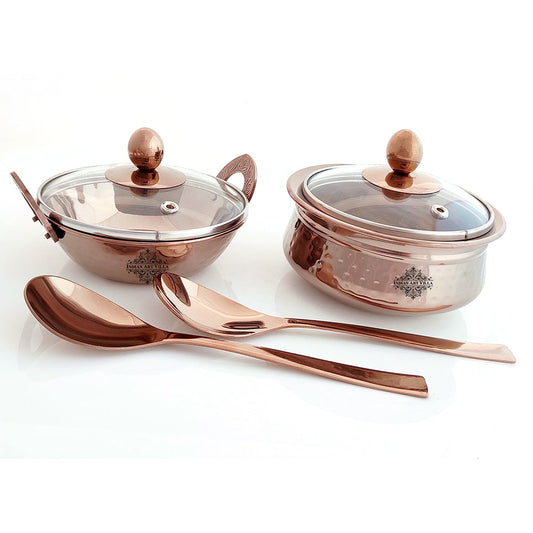 Set of Steel with Rose Gold Finish D/W Hammered Handi No.2 with Lid No. 2, Kadhai No.2 with Lid No. 2, Serving Spoon x2, 6 Pieces