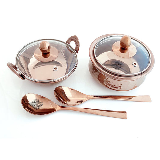 Set of Steel with Rose Gold Finish D/W Hammered Handi No.2 with Lid No. 2, Kadhai No.2 with Lid No. 2, Serving Spoon x2, 6 Pieces