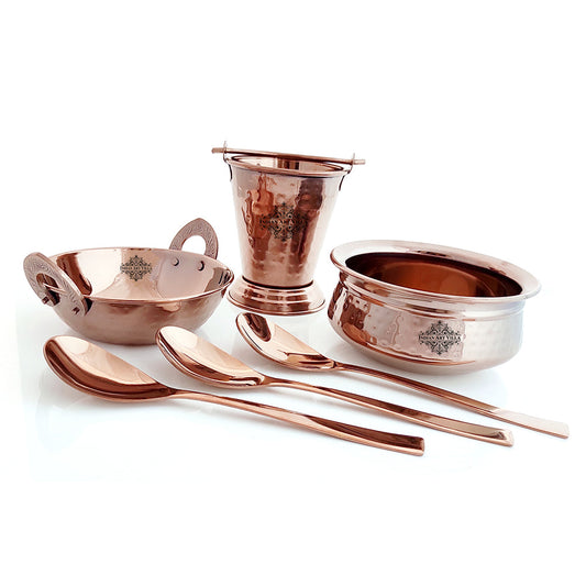 Set of Steel with Rose Gold Finish D/W Hammered Handi No.2 ,Kadhai No.2, Bucket No.1, Serving Spoon x3, 6 Pieces