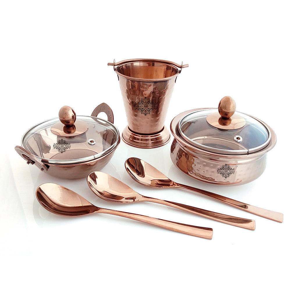 Steel Serving Set with Rose Gold Finish D/W Hammered Handi with Lid, Kadhai with Lid, 1 Bucket, Serving Spoon x3, 8 Pieces