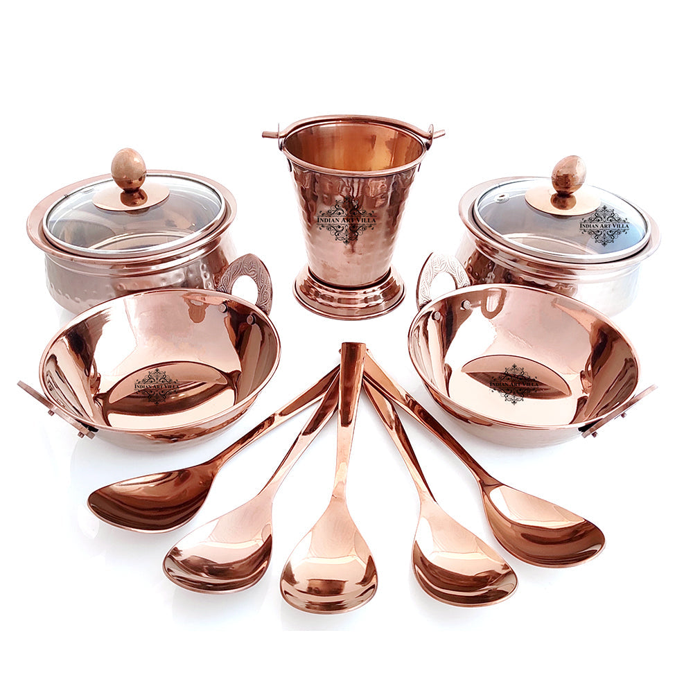 Set of Steel with Rose Gold Finish D/W Hammered Handi No.1,2 with Glass Lid,Kadhai No.1,2Bucket No.1, Serving Spoon x5,12 Pieces