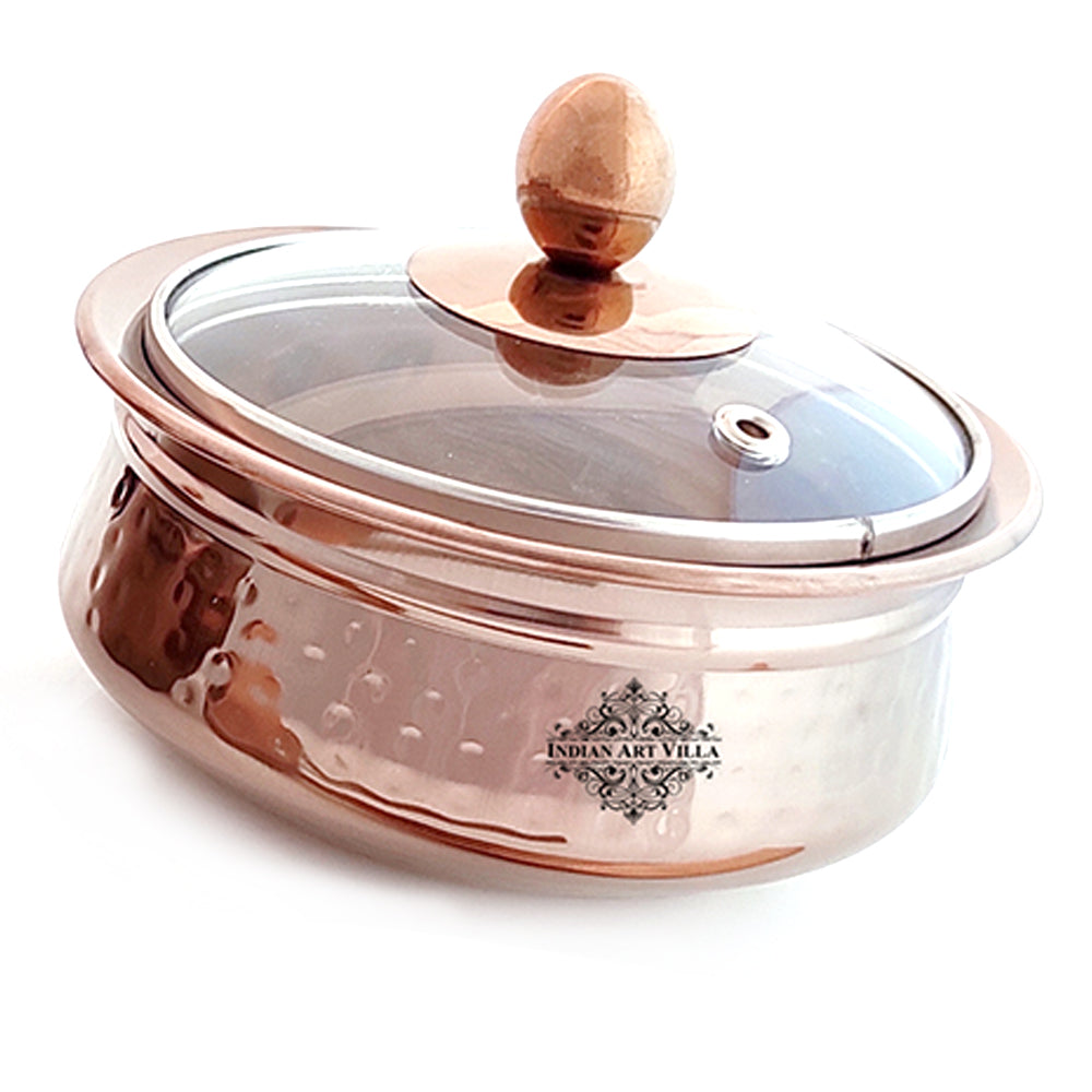 Set of Steel with Rose Gold Finish D/W Hammered Handi No.1,2 with Glass Lid,Kadhai No.1,2Bucket No.1, Serving Spoon x5,12 Pieces