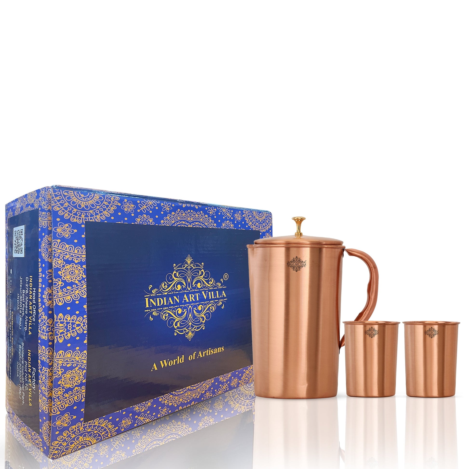 Handcrafted Pure Copper Lacquer Coated Jug Pitcher with Glass | Tumbler Set