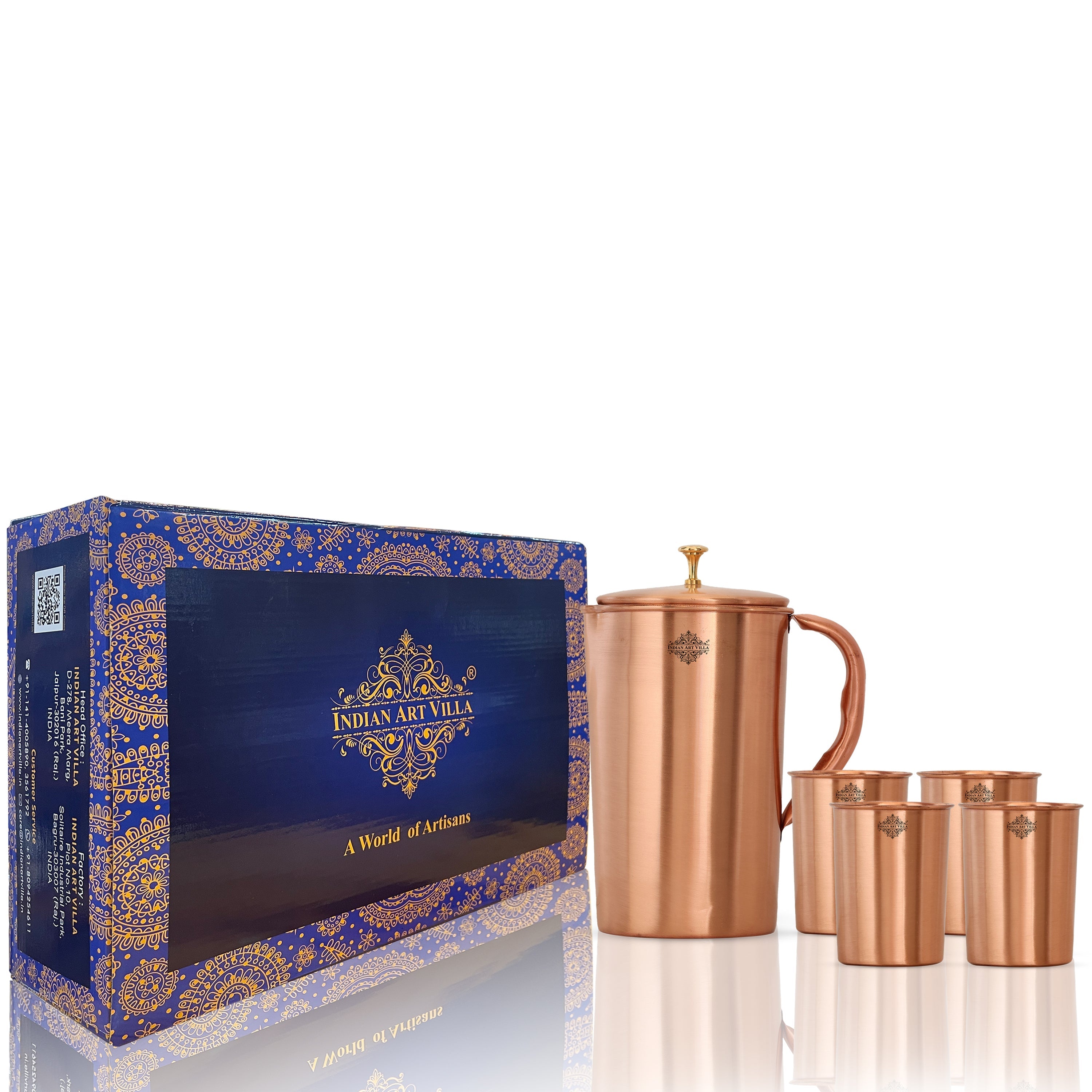 Handcrafted Pure Copper Lacquer Coated Jug Pitcher with Glass | Tumbler Set