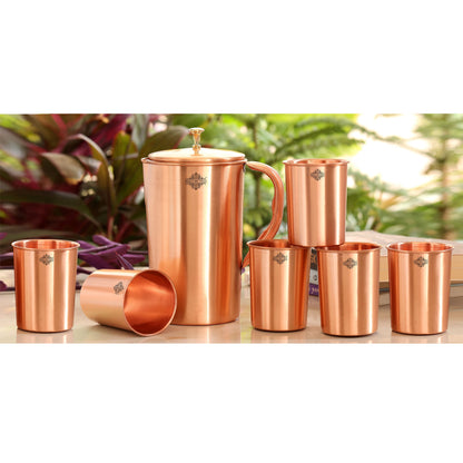 Handcrafted Pure Copper Lacquer Coated Jug Pitcher with Glass | Tumbler Set