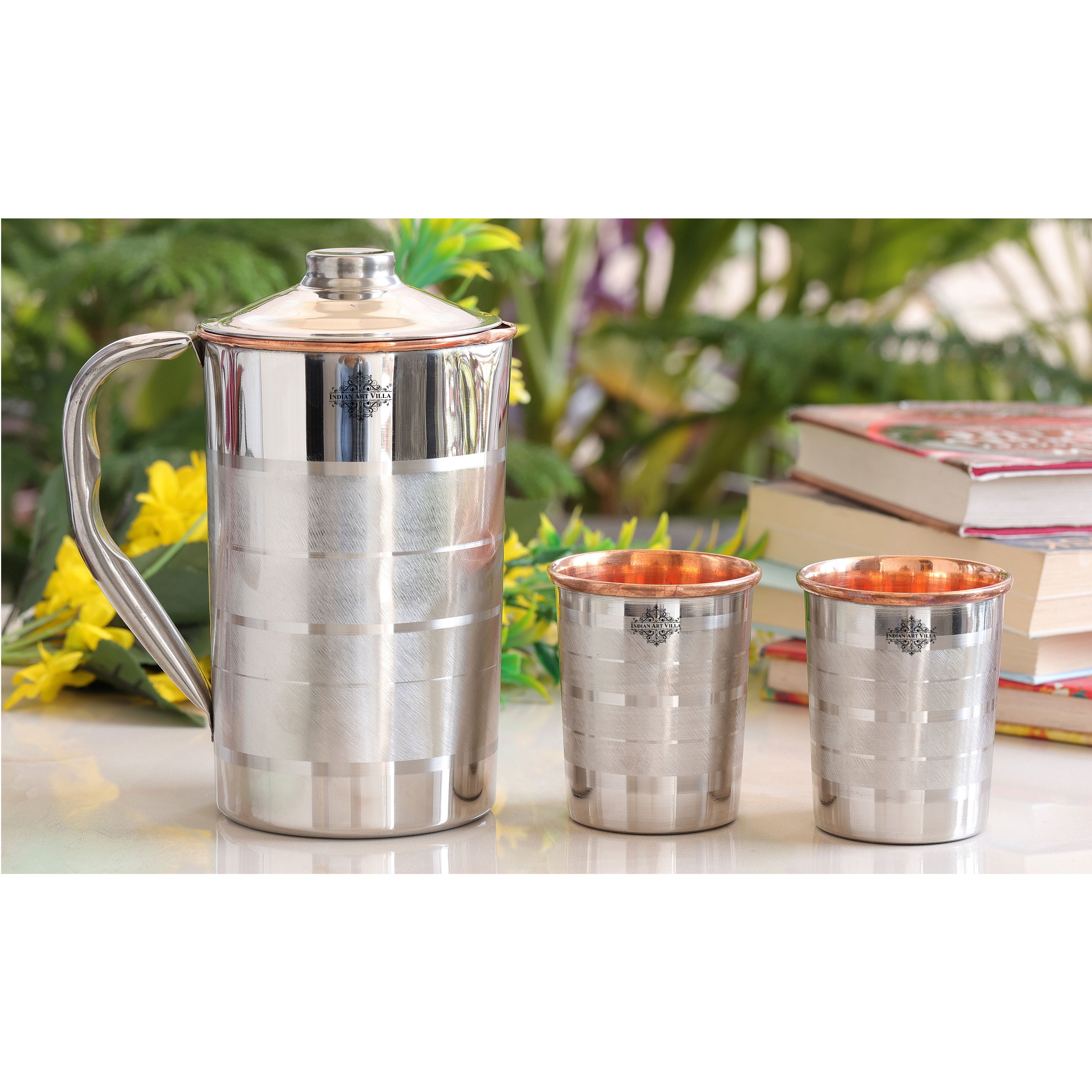 Handmade Pure Steel Copper Jug Pitcher With Glass Tumbler Gift Set