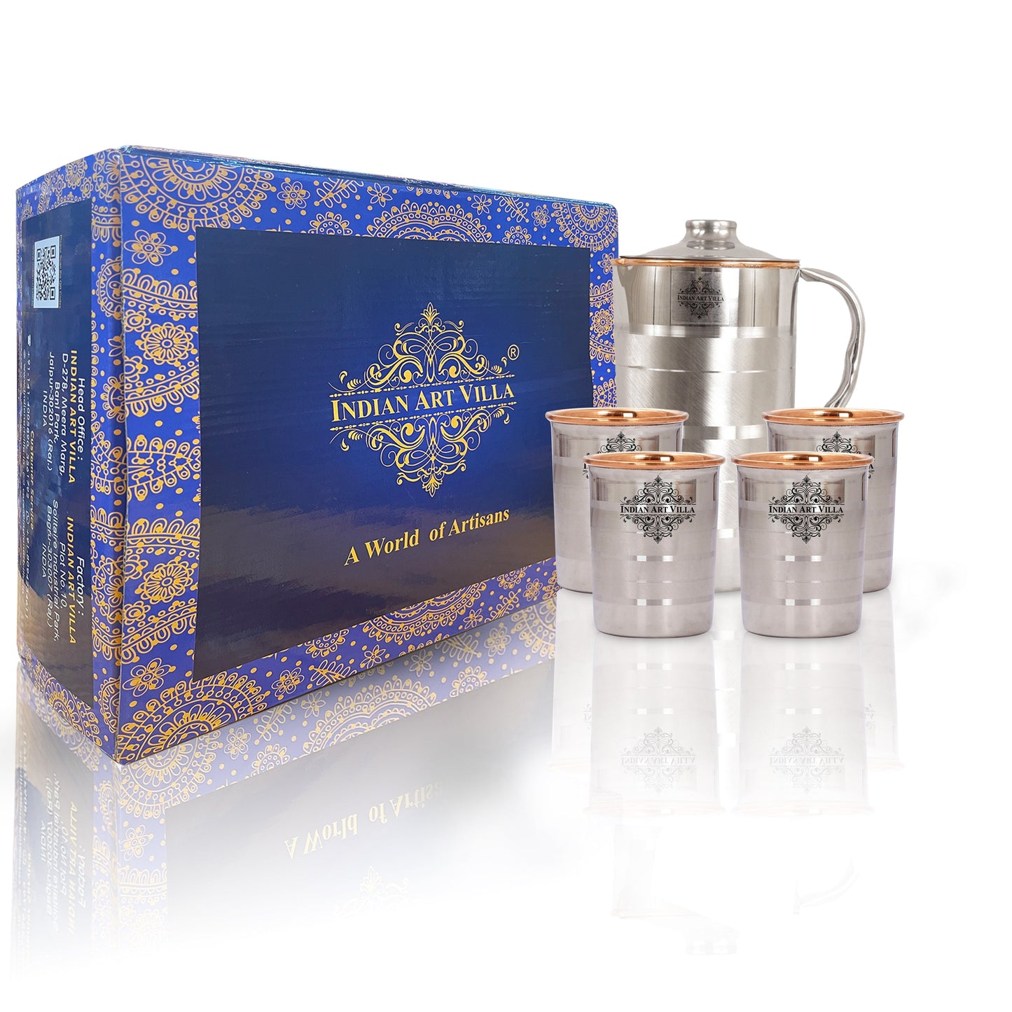 Handmade Pure Steel Copper Jug Pitcher With Glass Tumbler Gift Set