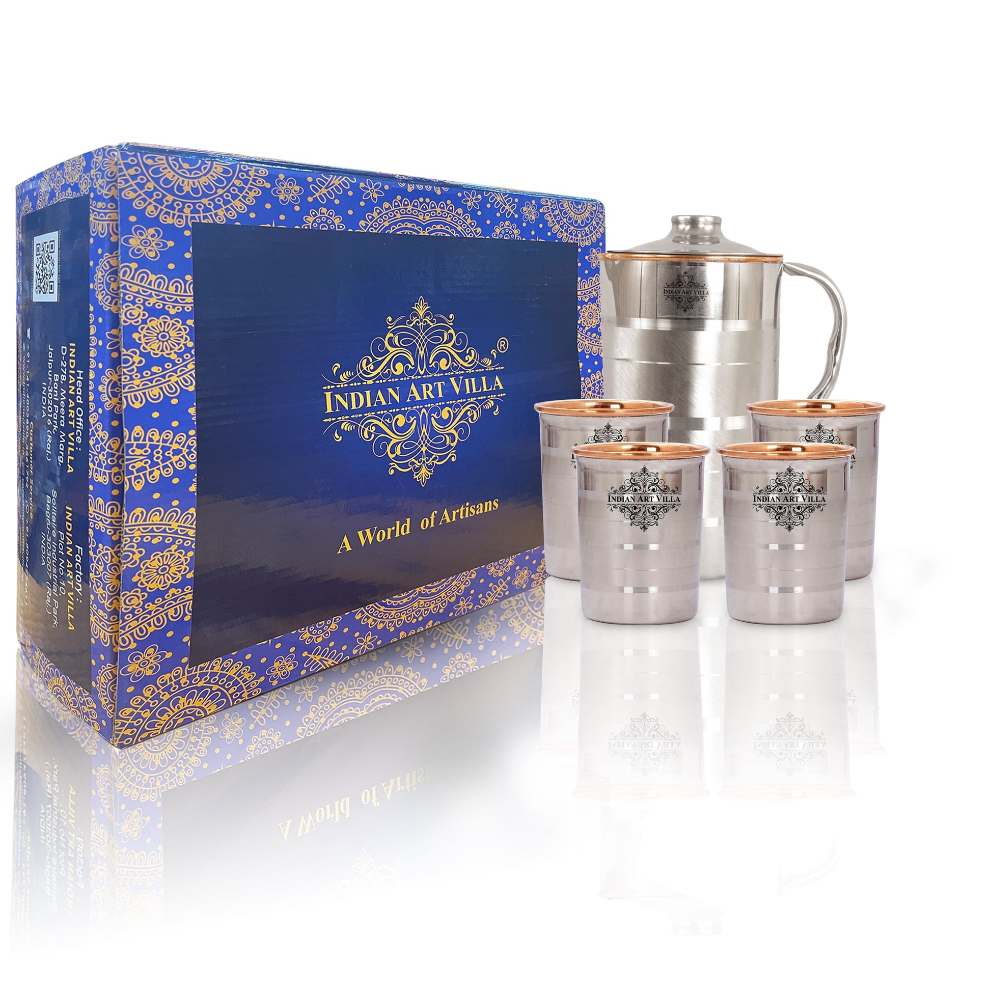 Handmade Pure Steel Copper Jug Pitcher With Glass Tumbler Gift Set