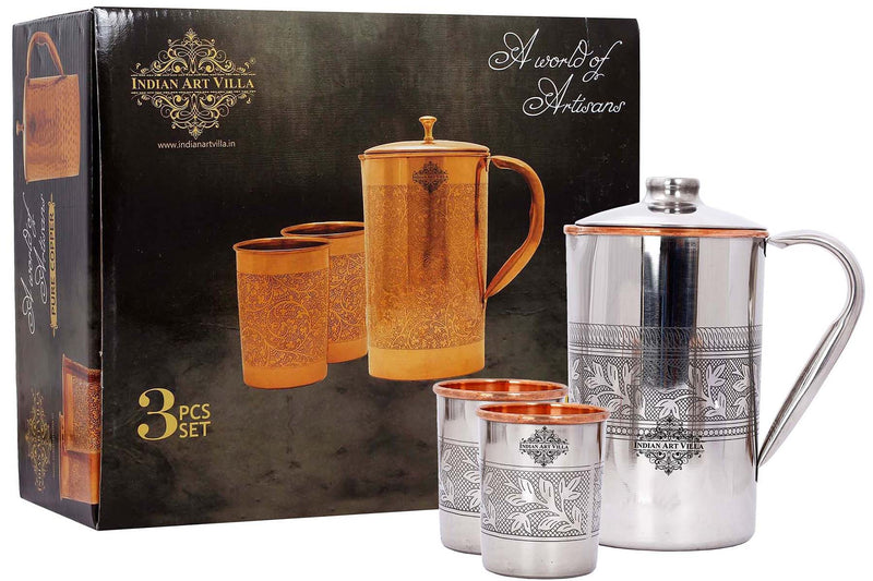 Handmade Pure Steel Copper Jug Pitcher With Glass Tumbler Gift Set