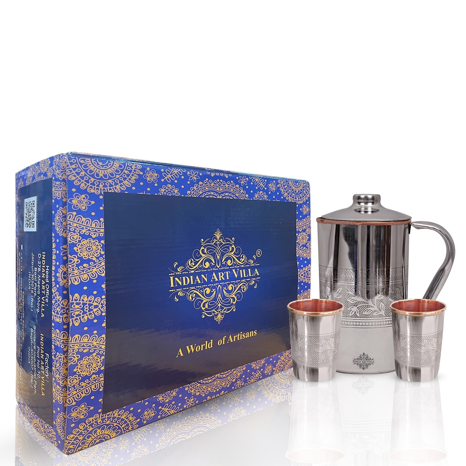 Handmade Pure Steel Copper Jug Pitcher With Glass Tumbler Gift Set