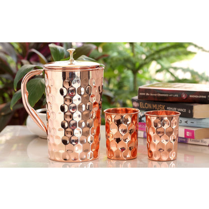 Handcrafted Pure Copper Jug with Glass Sets | Box, Diamond Design, Drinkware Gift Set