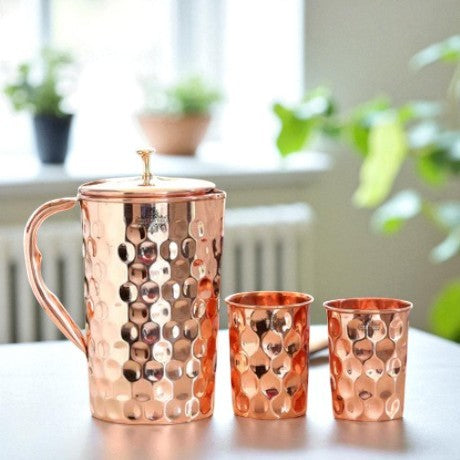 Handcrafted Pure Copper Jug with Glass Sets | Box, Diamond Design, Drinkware Gift Set