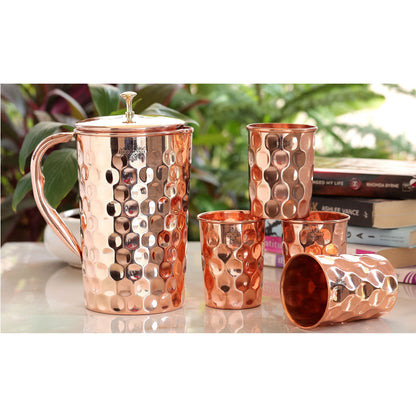 Handcrafted Pure Copper Jug with Glass Sets | Box, Diamond Design, Drinkware Gift Set
