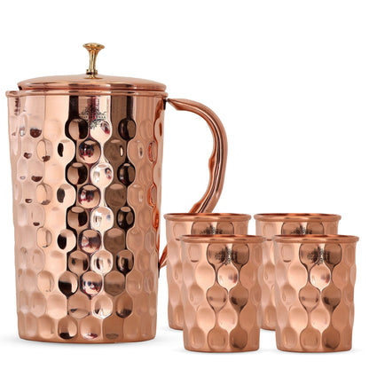 Handcrafted Pure Copper Jug with Glass Sets | Box, Diamond Design, Drinkware Gift Set