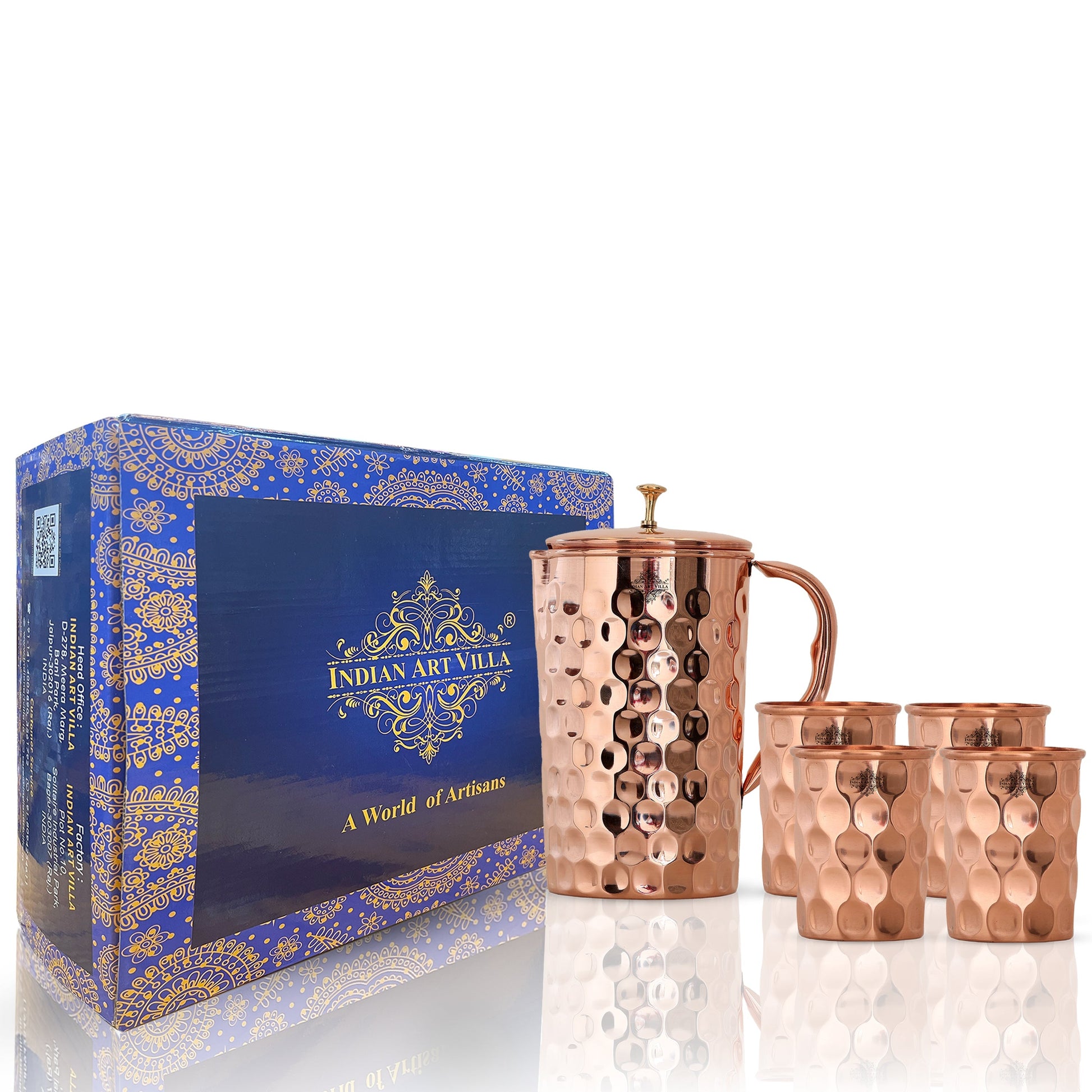Handcrafted Pure Copper Jug with Glass Sets | Box, Diamond Design, Drinkware Gift Set