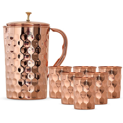 Handcrafted Pure Copper Jug with Glass Sets | Box, Diamond Design, Drinkware Gift Set
