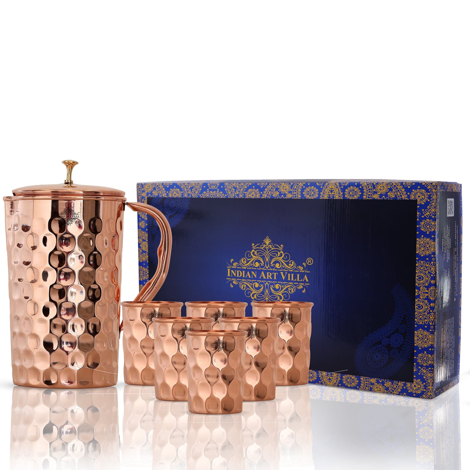 Handcrafted Pure Copper Jug with Glass Sets | Box, Diamond Design, Drinkware Gift Set