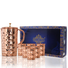 Handcrafted Pure Copper Jug with Glass Sets | Box, Diamond Design, Drinkware Gift Set