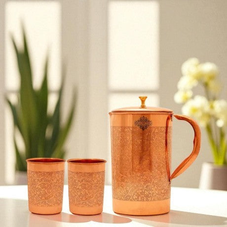 Handcrafted Pure Copper Embossed Design Jug with Glass & Box, Drinkware Gift Set
