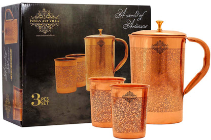 Handcrafted Pure Copper Embossed Design Jug with Glass & Box, Drinkware Gift Set