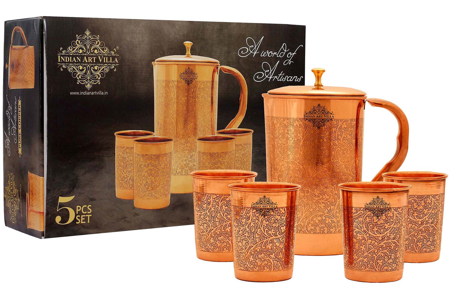 Handcrafted Pure Copper Embossed Design Jug with Glass & Box, Drinkware Gift Set