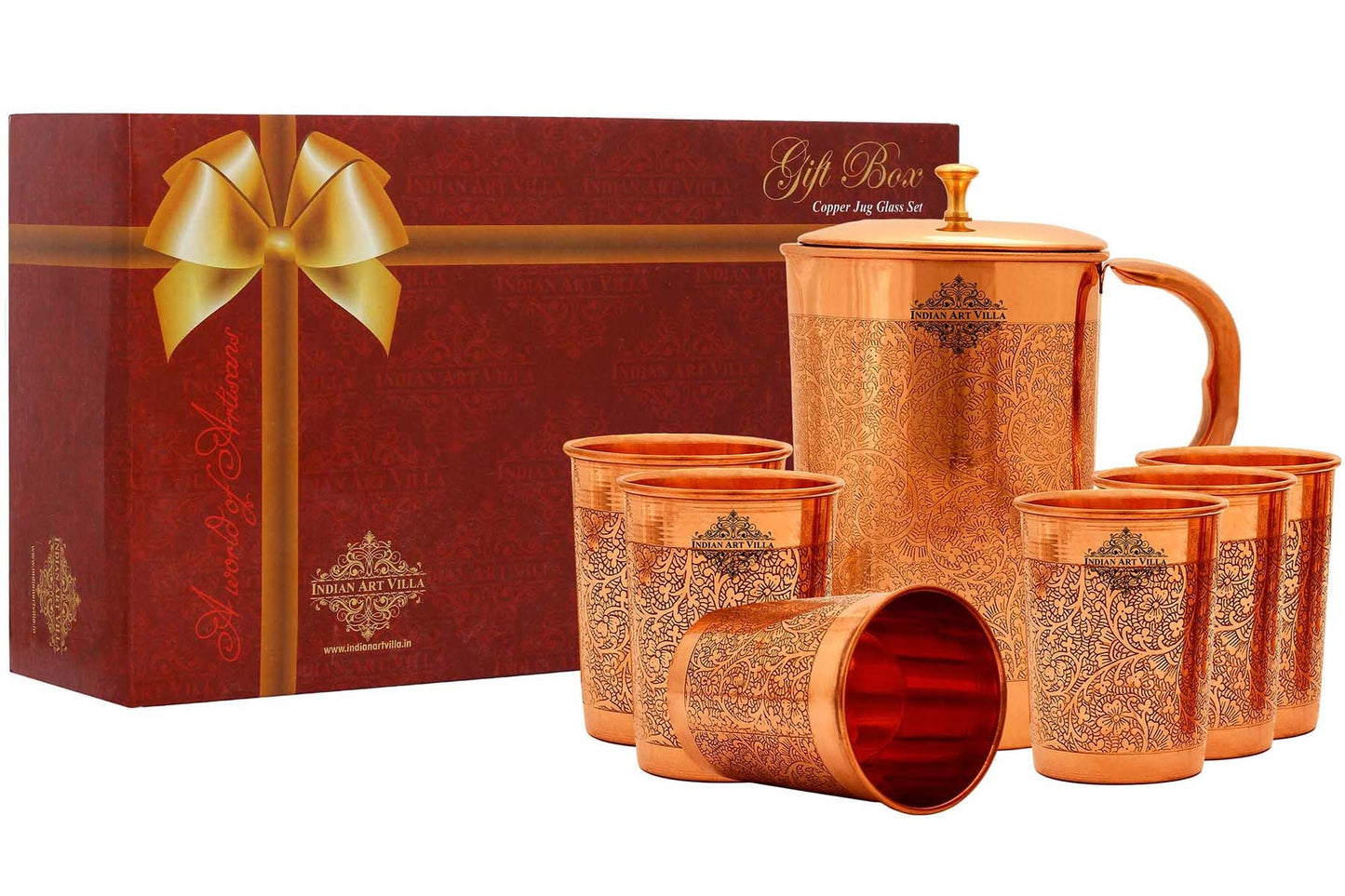 Handcrafted Pure Copper Embossed Design Jug with Glass & Box, Drinkware Gift Set
