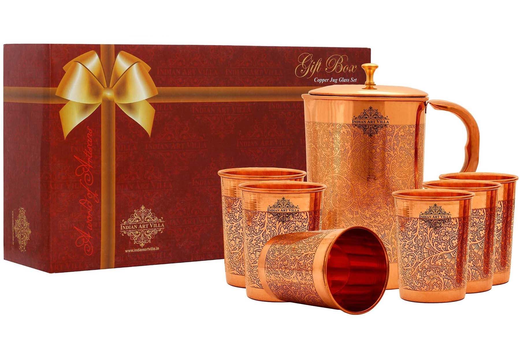Handcrafted Pure Copper Embossed Design Jug with Glass & Box, Drinkware Gift Set