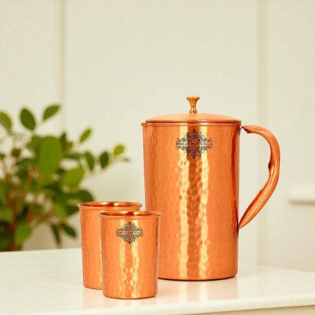 Handmade Pure Copper Hammered Lacquer Coated Jug & Glass with Box