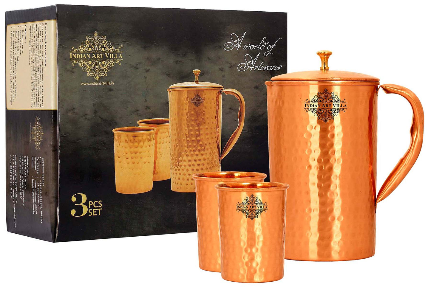 Handmade Pure Copper Hammered Lacquer Coated Jug & Glass with Box
